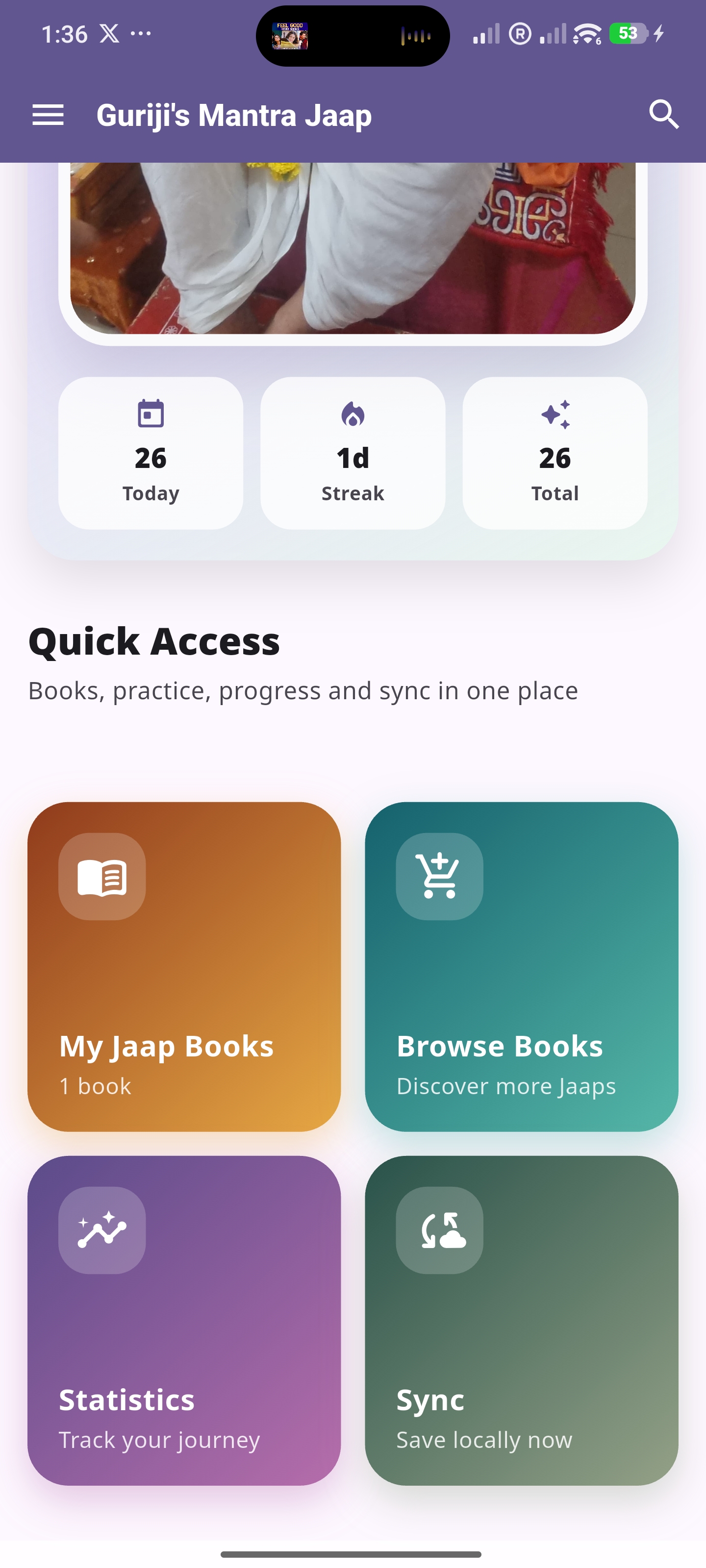 Guriji's Mantra Jaap home screen showing today's count, streak and quick access